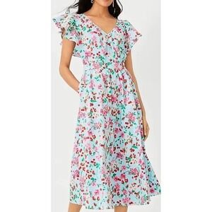 NEW Ann Taylor Strawberry Cherries Floral Flutter Sleeve Dress Poplin Blue Sz 12